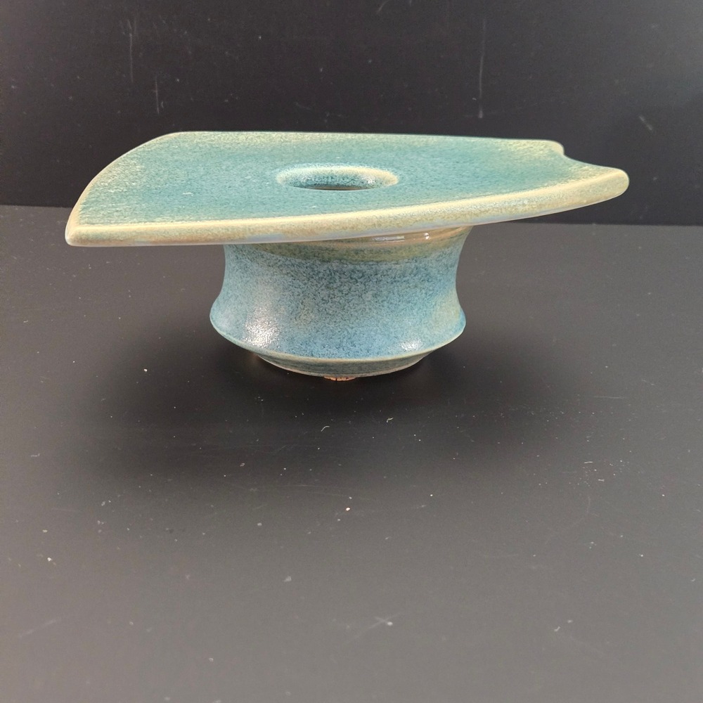 Studio Pottery Ikebana Vase Blue Green Speckled Glaze with Flower Frog Kenzan